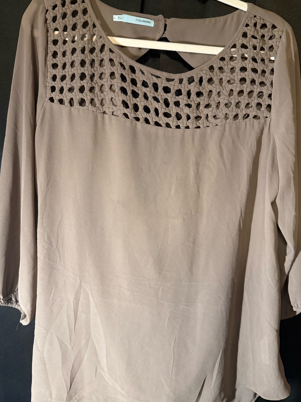 Maurices Taupe Crochet-Yoke Blouse with draped open back size L